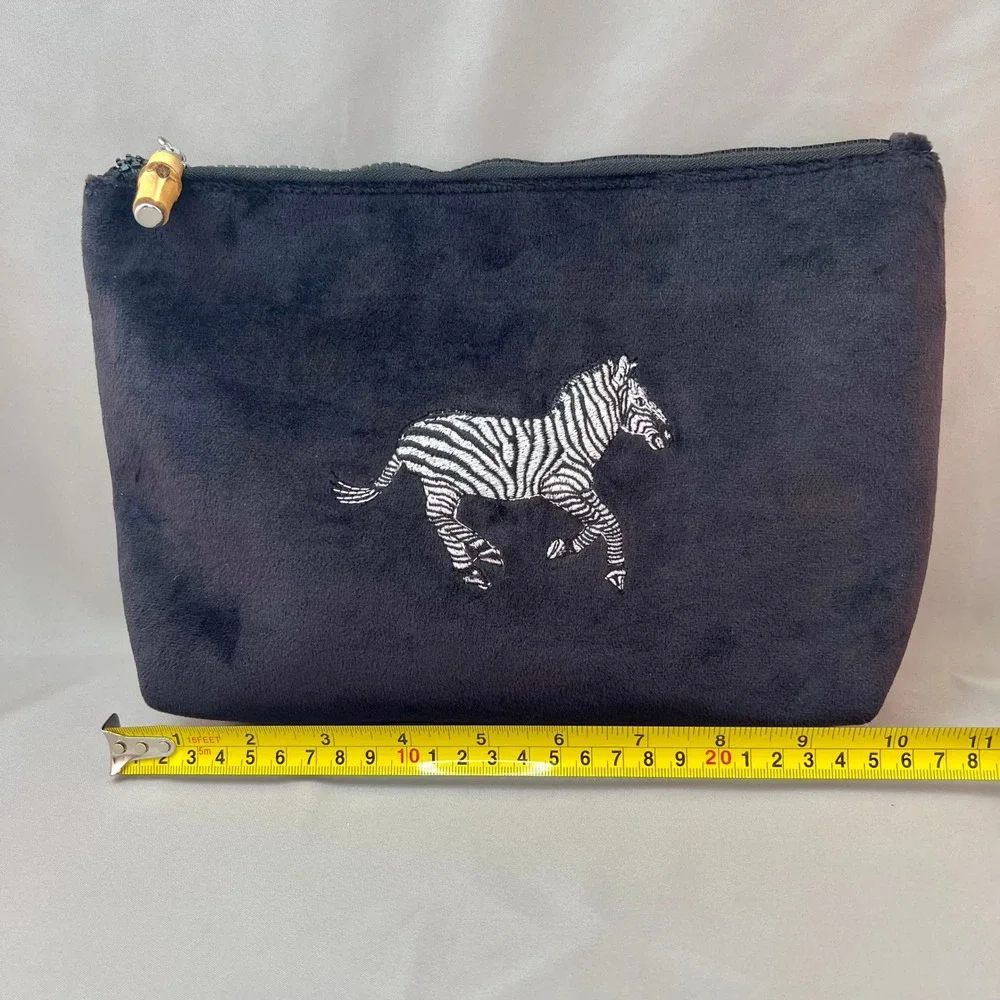 TRVL Design Black Velvet Zebra Embroidered Cosmetic Bag Bamboo Zipper Pull Pouch